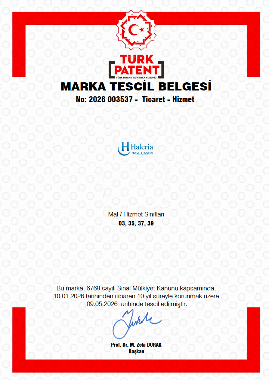 Haleria Carpet Cleaning Trademark Registration Certificate - Türk Patent
